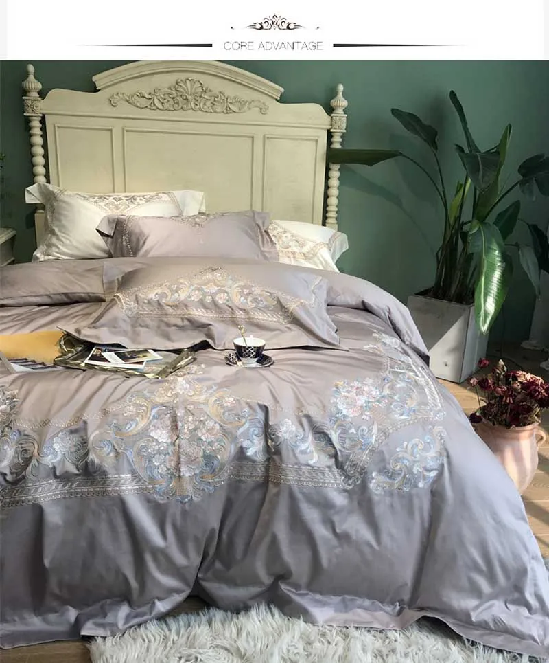 Luxury Embroidered 120s Egyptian Cotton Grey Royal Bedding Sets Queen King Wedding Duvet Cover Bed Sheet Set Pillowcases King Size Duvet Cover White