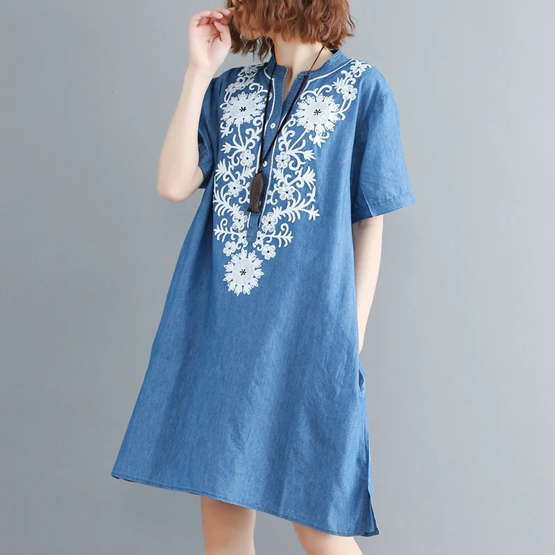 2019 Summer Women Oversize Demin Dress Elegant Vintage Short Sleeves Loose Casual Cowboy Dresses embroidery cotton Jeans Dress
