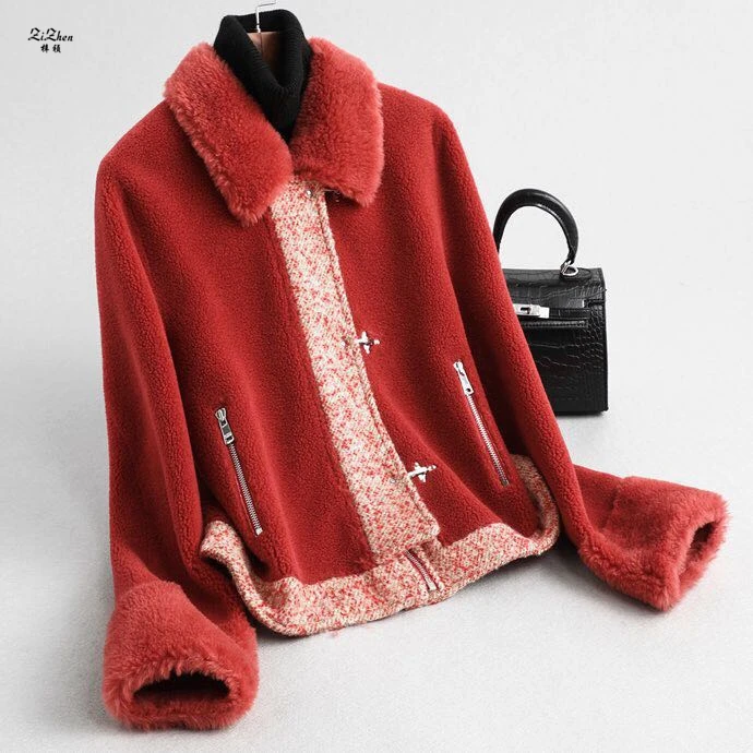 

ZiZhen Natural Wool Lamb Fur Real Fur Coat With Turn-Down Collar Jacket Zipper shorts Spring Autumn New Woman190606-7.59334