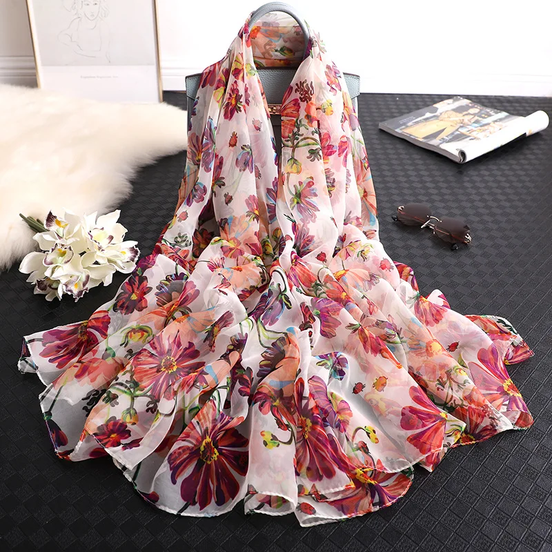 

2019 New Brand Silk Scarf Women's Flowers Scarves Summer Foulard Female Designer Shawl Wrap Fashion Neck Bandana Hijabs