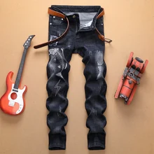 High quality full length jeans men cotton new autumn black printed ripped homme denim trousers plus size 29-38 men's jeans