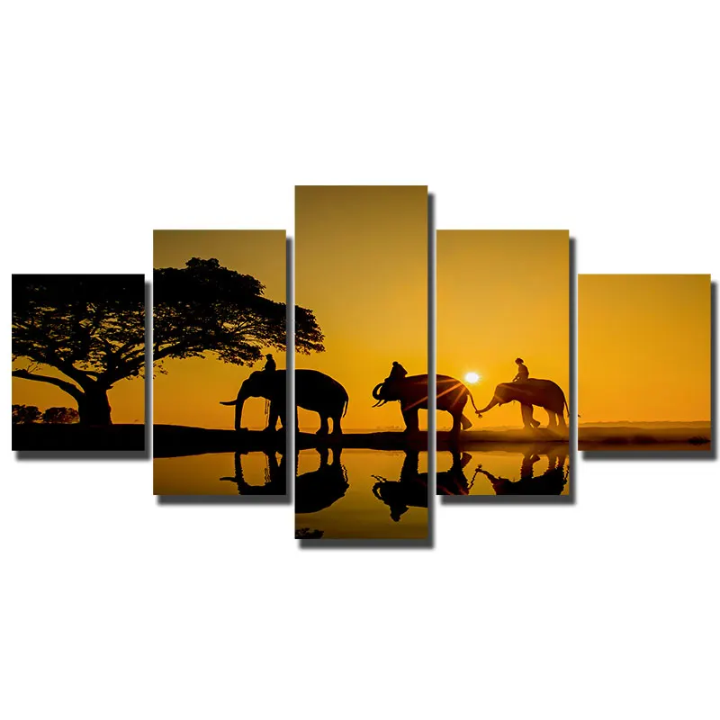 

Artryst HD quality print 5 piece Sunrise Elephant Family canvas human and animal nature painting wall art poster decor WY303