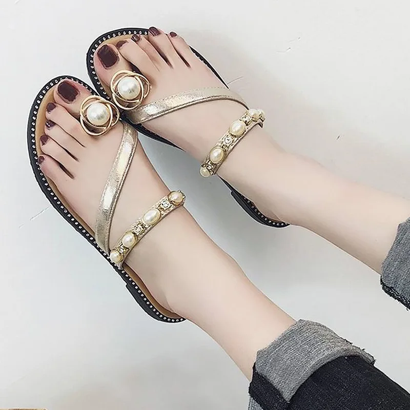 

Rhinestone Sandals Woman Summer Gold Shoes For Girl Fashion Slip-On Flat Sandals Female Sewing Hollow Cozy Casual Shoes Woman
