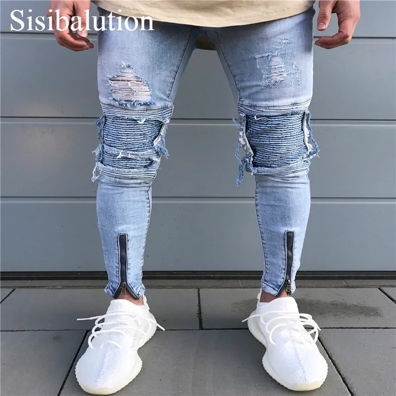 Sisibalution 2017 New Fashion kinny jeans Ripped biker jeans zipper ...