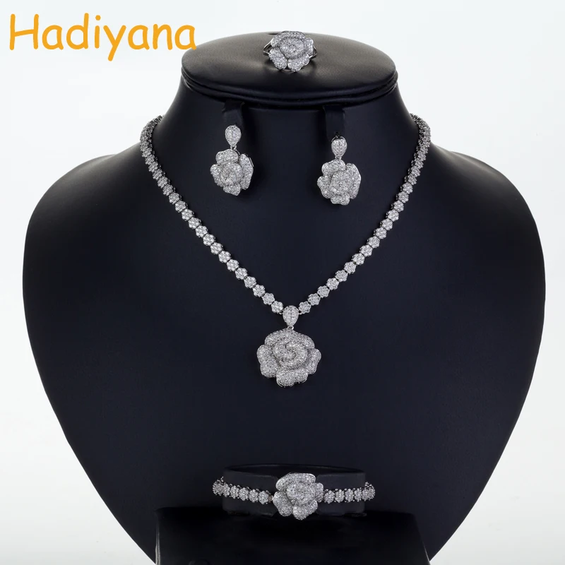 Hadiyana Luxury Bridal Wedding Jewelry Sets New Sparkling Zircon Big Rose Flower Design 4pcs Jewelry Set Weddings Party CN164 Hadiyana Luxury Bridal Wedding Jewelry Sets New Sparkling Zircon Big Rose Flower Design 4pcs Jewelry Set Weddings Party CN164