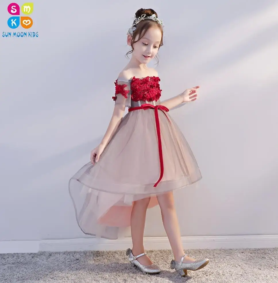 

Elegant Girl Wedding Dresses Red Floral Shoulderless First communion Dress Girl Party Princess Dress Flower Girl Vestidos