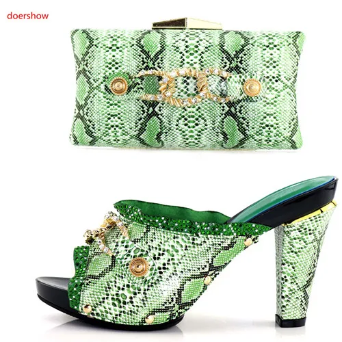 doershow  Green Italian Shoes with Matching Bags Nigerian Shoes and Matching Bags Set Decorated with Rhinestone Party Shoe BB-21