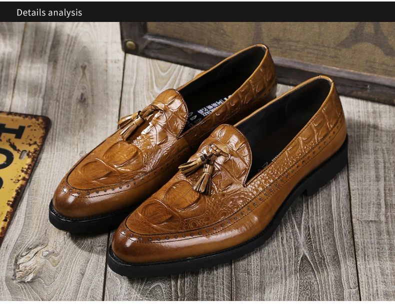 Men's Casual Wedding Dress Shoes Crocodile Leather Brogue Shoes Men Tassels Oxfords Shoes Slip-on Leather Penny Loafers Shoes (4)