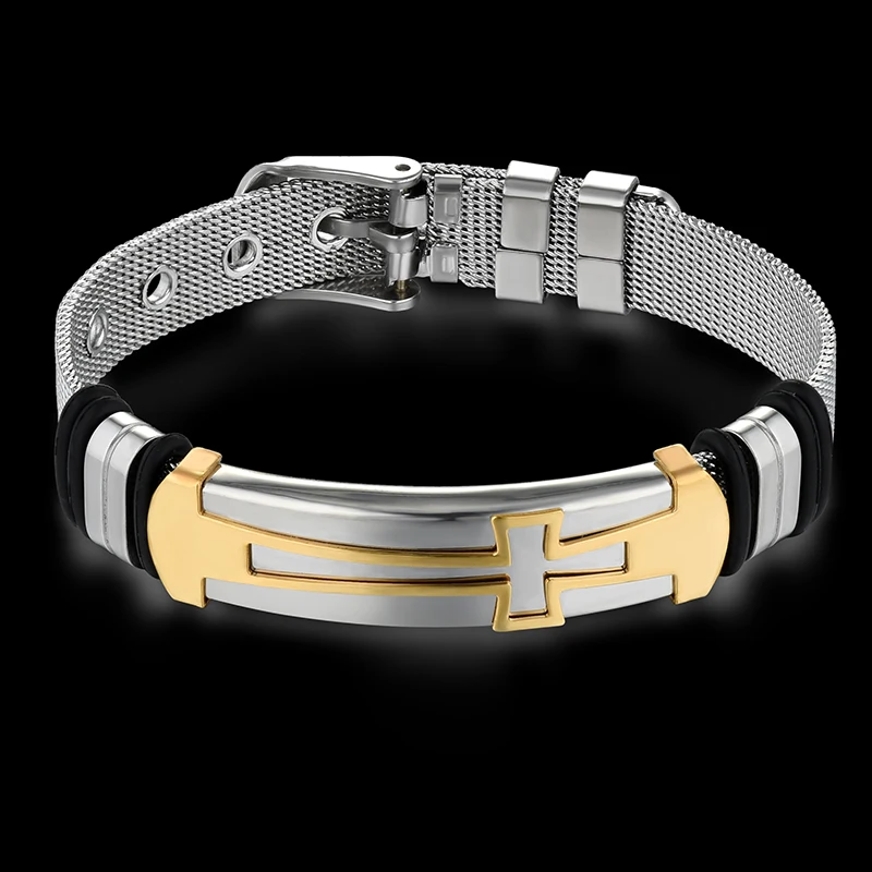 

Fashion Jewelry Bracelets 2018 Stainless Steel Gold Color Cross Bracelet For Men/Women Wholesale Braslet 11mm 19CM