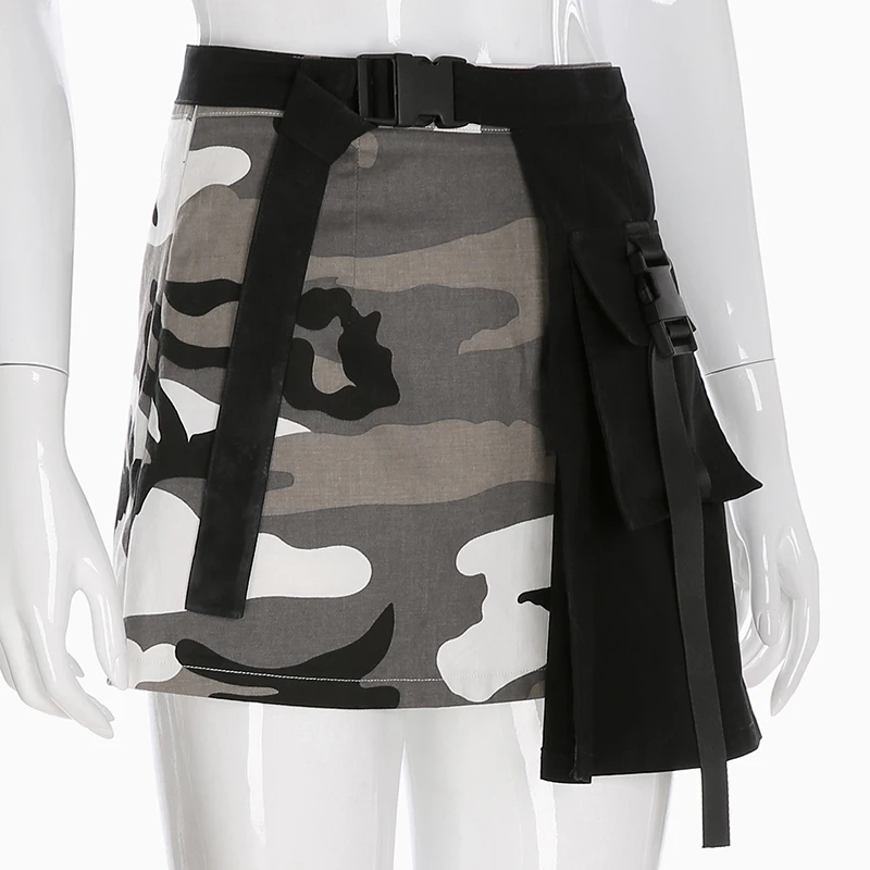 Rapwriter Korean Harajuku Plastic Buckle Big Pocket Camouflage Skirt Women Streetwear Summer High Waist Pencil Skirts Saias