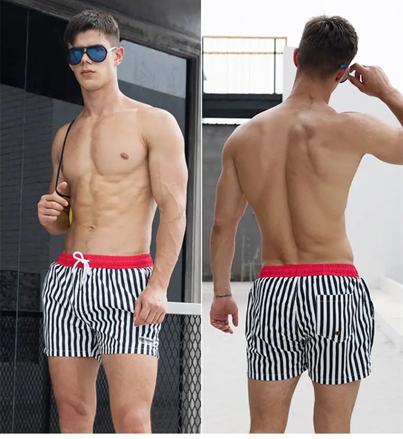 Men's Amazing Elastic Waist Striped Swimming Shorts-Front and back