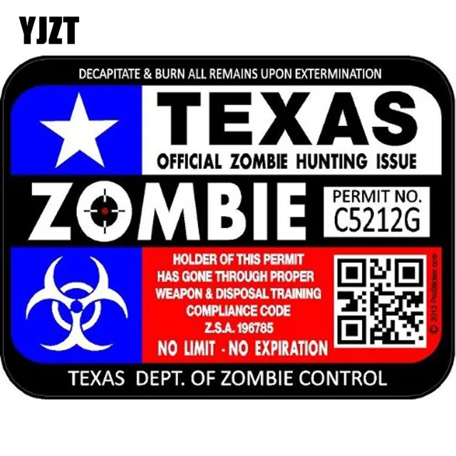 Best Price YJZT 13.6CM*10.2CM RESIDENT EVIL ZOMBIE Reflective Texas National Flag Hunting lLicense Car Sticker C1-7111