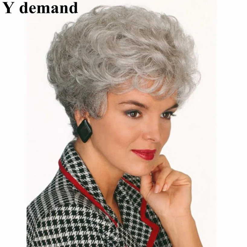 Old Women Elderly Ladies discount wigs Heat Resistant synthetic short curly gray Wig fashion