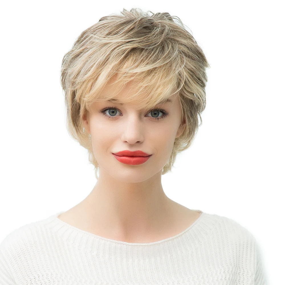 Fashion Women Short Natural Wave Human Hair Wig Full Head Wigs Ombre Blonde 