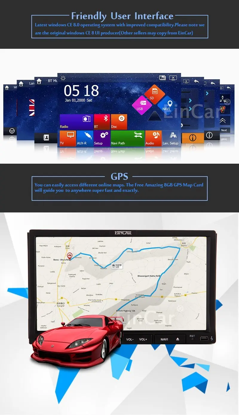 Perfect Car dvd gps player Eincar 2 din Headunit GPS Navi FM Radio Stereo Autoradio SD/USB Aux tape recorder autoradio cassette player 3