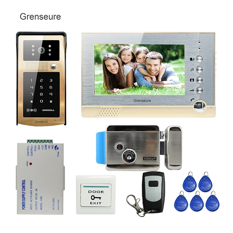 

FREE SHIPPING NEW 7" Screen Record Video Intercom Door Phone Kit Metal Outdoor RFID Code Keypad Doorbell Camera + 8G SD + E-lock