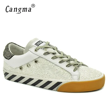 

CANGMA Italy Designer Deluxe Woman Shoes Spring Autumn White SneakersFlats Lace Up Sequined Girls Shoes Paillette Femme 34-48