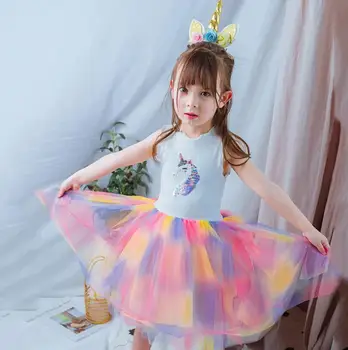

2019 Children Baby Unicorn Rainbow Sparkle Mesh Summer Dresses, Girls Princess Cute Cosplay Dress 5 pcs/lot, Wholesale
