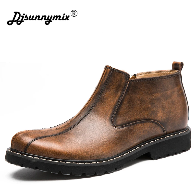 

DJSUNNYMIX 2018 Autumn Winter men Ankle Chelsea Boots Men Shoes Male Business Casual Genuine Leather zip Non-slip Boot man