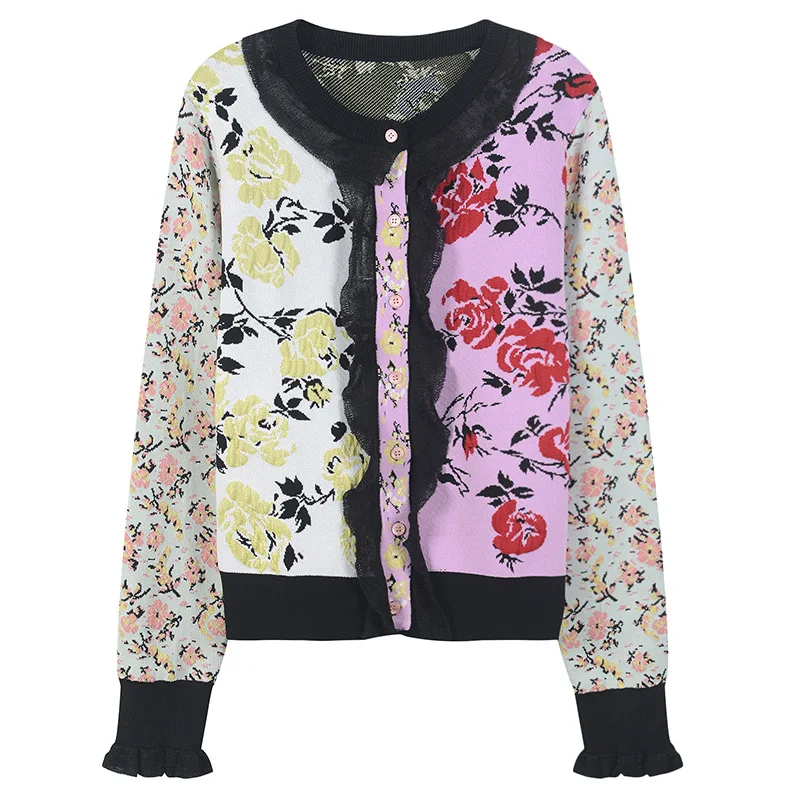 Runway Vintage Flower Jacquard Cardigans Female 2019 New Fashion Jersey Knitted Sweater Women Lace Patchwork Jacket Cute Clothes |