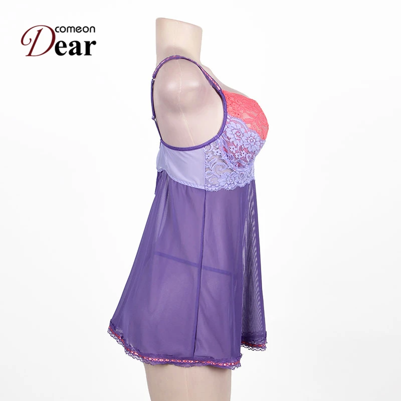 Comeondear 5XL сексуальная ночная рубашка размера плюс для женщин фиолетовый комплект нижнего белья кружевная чашка Детская кукла Camisola De Dormir Feminino RB80297