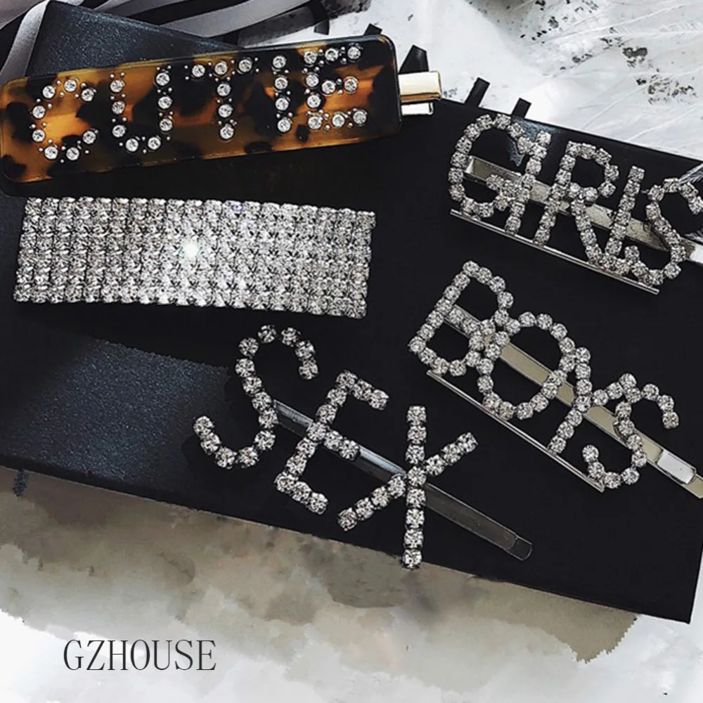 

Luxury Crystal Rhinestone Hair Clips Hairgrips Hair Accessories 2019 Fashion Leopard Acrylic Hairpin Letter Shining Hairgrips
