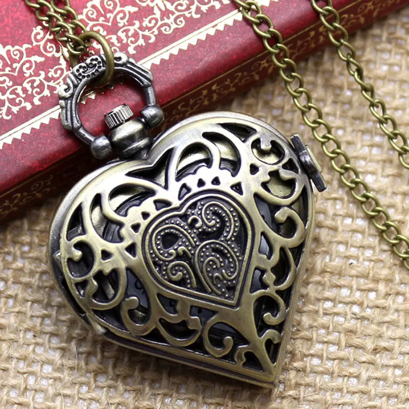 Bronze Hollow Quartz Heart shaped Pocket Watch Necklace Pendant Chain