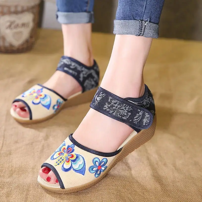 

2180 Optical girls sandals embroidered shoes wild national wind fish mouth linen shoes comfortable cloth shoes