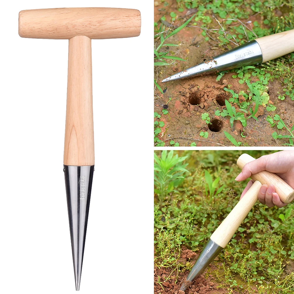 

1PC Garden Sow Pistol Grip Steel Dibber for Planting Seeds and Bulbs Hand Tools Loosen Soil Outdoor Tools with Wood handle