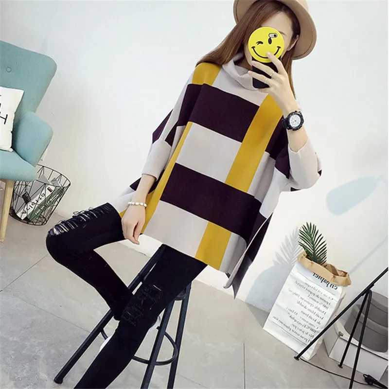 Korobov Plaid Panelled Turtleneck Capes Women Sweater Batwing Sleeve Loose Sueter Mujer Ponchos Autumn New Pullovers 51251