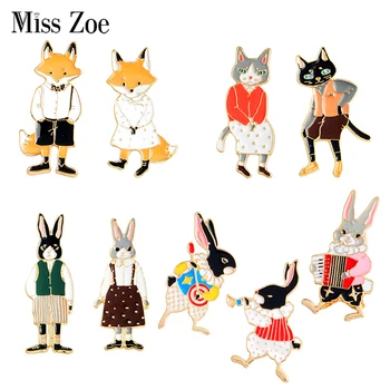 

Mr and Miss Cat Rabbit Fox Enamel Pins Animal Brooches Buckle Instrument Player Bunny Badges Lovers Jewelry Gift for couples
