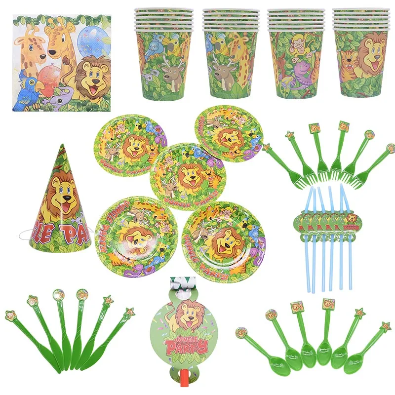 Jungle Animal Party Decoration Lion Tiger Foil Balloons Disposable Tableware Paper Plate Cup Napkin Safari Zoo Party Supplies