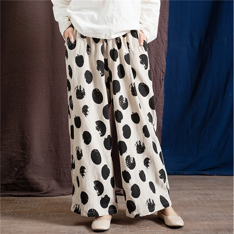 

Johnature Vintage Loose Linen Color Wave Point Pants Women New Elastic Waist Full Length Stright Wide Leg Pants 2019 Spring