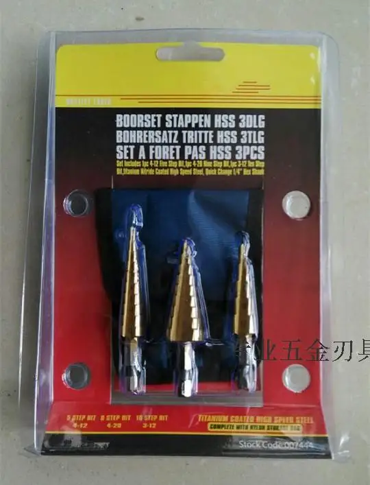 

Free shipping - 3-Piece Titanium Step Drill Bits Set 4-20,3-12,4-12