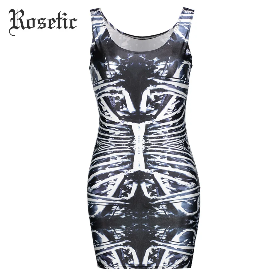 

Rosetic Mini Dress Women Gothic Black Skull Print Slim Casual Dress Autumn Sleeveless Fashion Club Gothic Style Bodycon Dresses