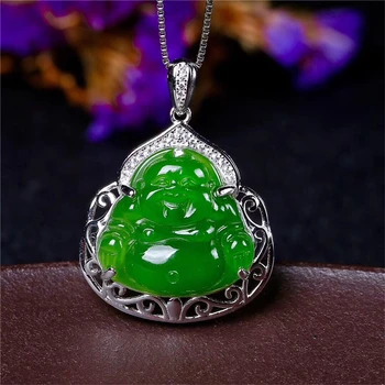 

New S925 Silver Inlay Chinese Green Jade Laughing Buddha Pendant Clavicle Chain