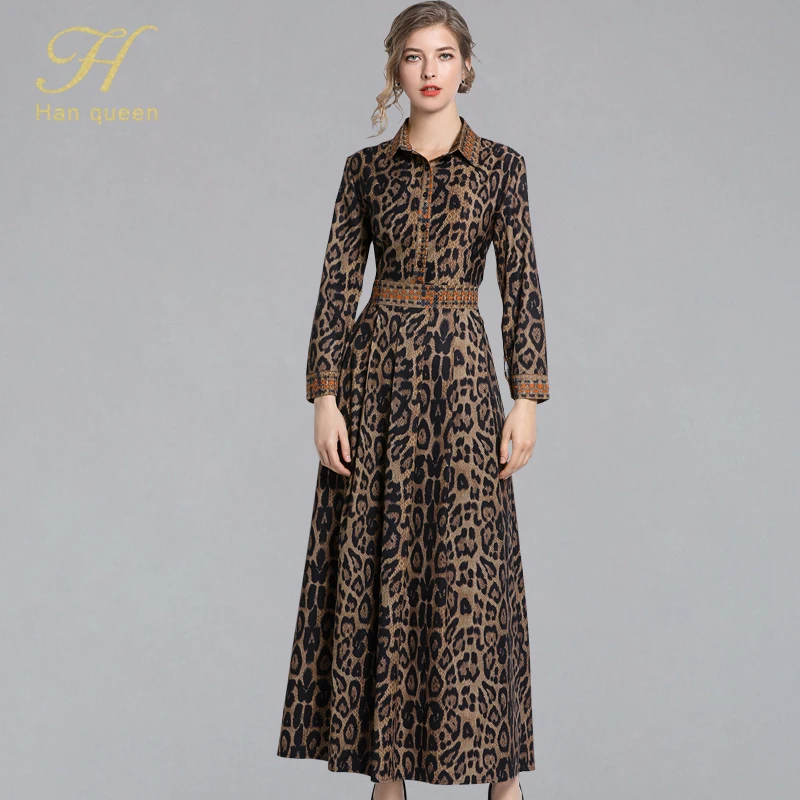 H Han queen, женское винтажное Ретро леопардовое ТРАПЕЦИЕВИДНОЕ длинное платье,, весенние деловые вечерние платья в деловом стиле с принтом и воротником-стойкой