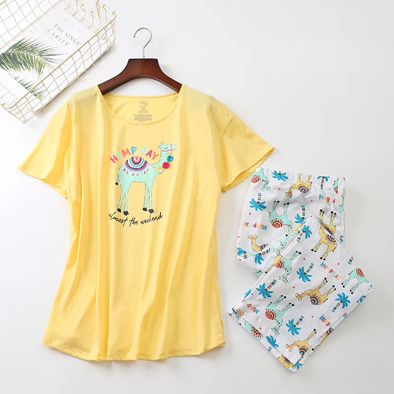 S-3XL женские рубашки с героями мультфильмов и шорты с круглым вырезом, короткий рукав, Женский пижамный комплект, хлопок, большие размеры, летние женские пижамы с принтом, топы - Цвет: Yellow