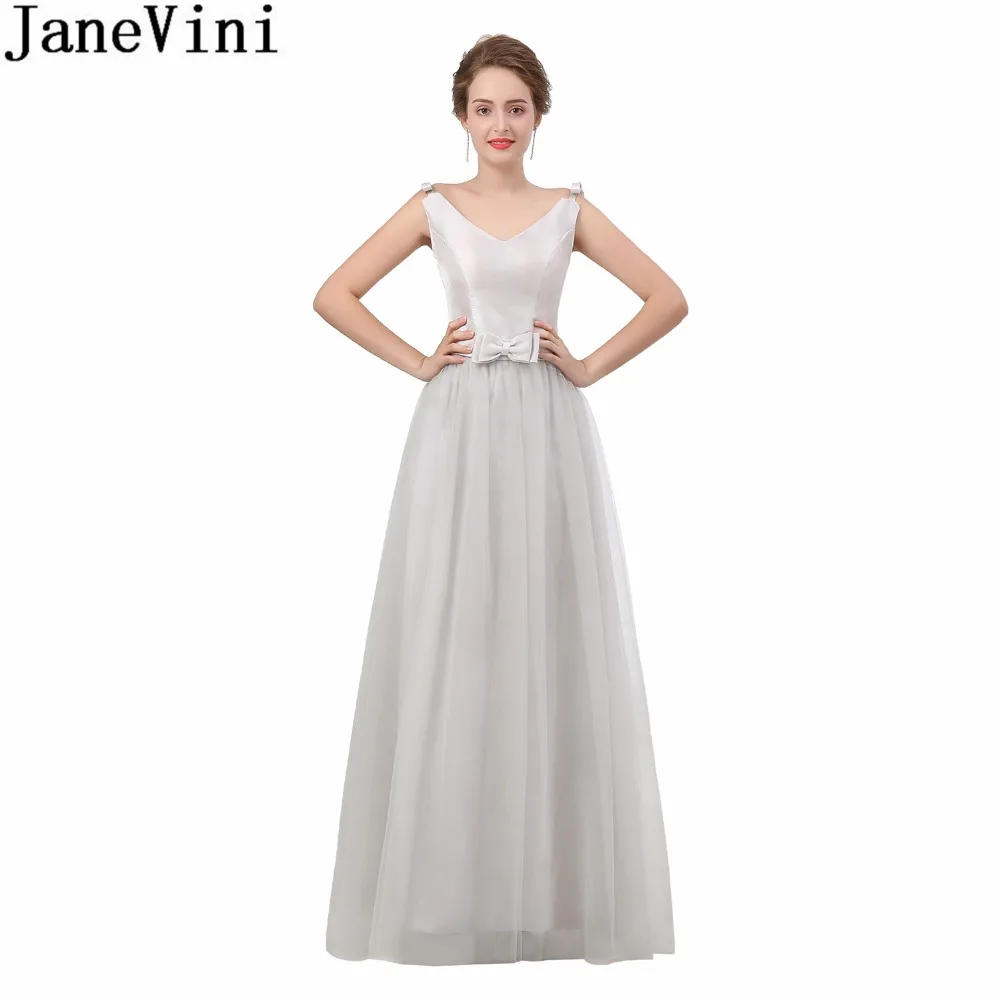 JaneVini Robe Light светло-серое длинное платье подружки невесты для женщин v-образный вырез Тюль Простые Вечерние платья для свадьбы