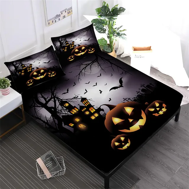 Halloween Design Sheet Set Cartoon Pumpkin Print Bed Sheet King Queen