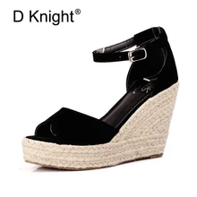 2018 Elegant Fashion Women's Open Toe Straw Braid Wedges Sandals Velvet Platform Summer Shoes High Heels Hot Sale