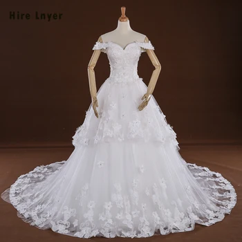 

Hire Lnyer Custom Made Off The Shoulder Short Sleeve Lace Up Appliques Flowers Pearls Gorgeous Bridal Ball Gown Wedding Dresses
