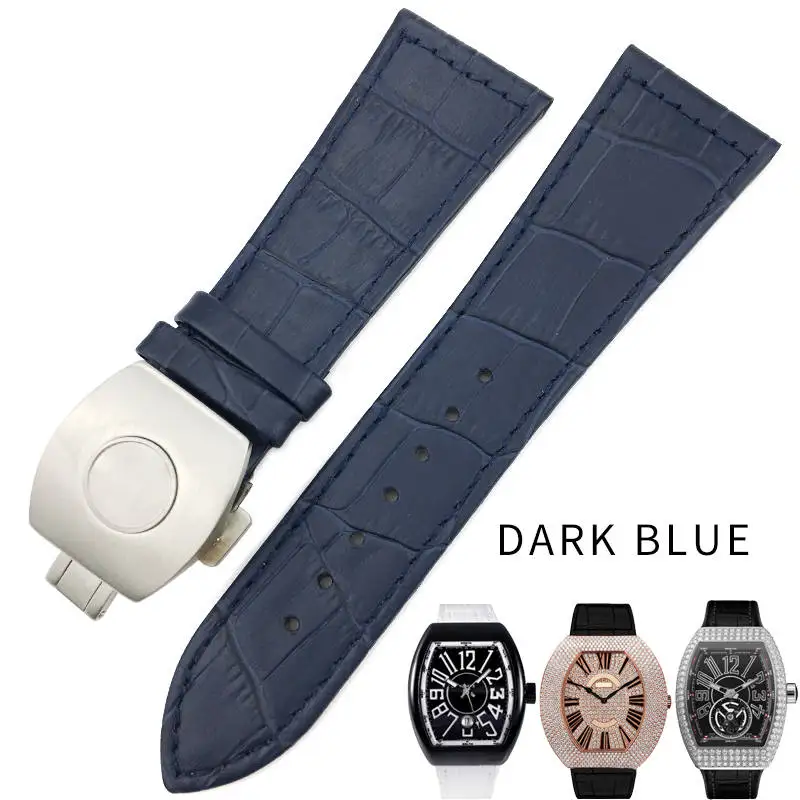 26 мм Натуральная Воловья кожа силиконовый ремешок для часов черный коричневый белый складной ремешок с пряжкой подходит для Франка Muller часы серии - Цвет ремешка: dark blue