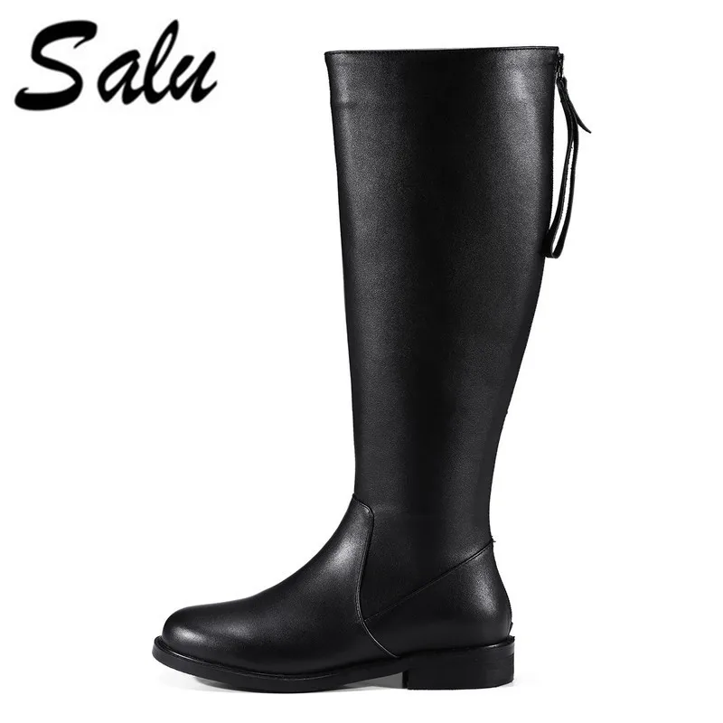 

Salu New genuine leather high boots shoes woman square heels round toe zip black 35-42 size
