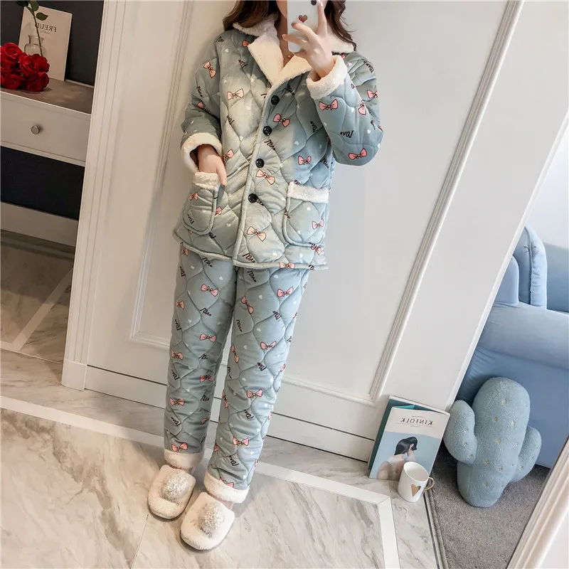 

Women Winter Nightgown Printed Animal Thick Flannel Pajamas Set Female Warm Home Wear 3 Layers Cotton Padded Pyjamas Suit L XL