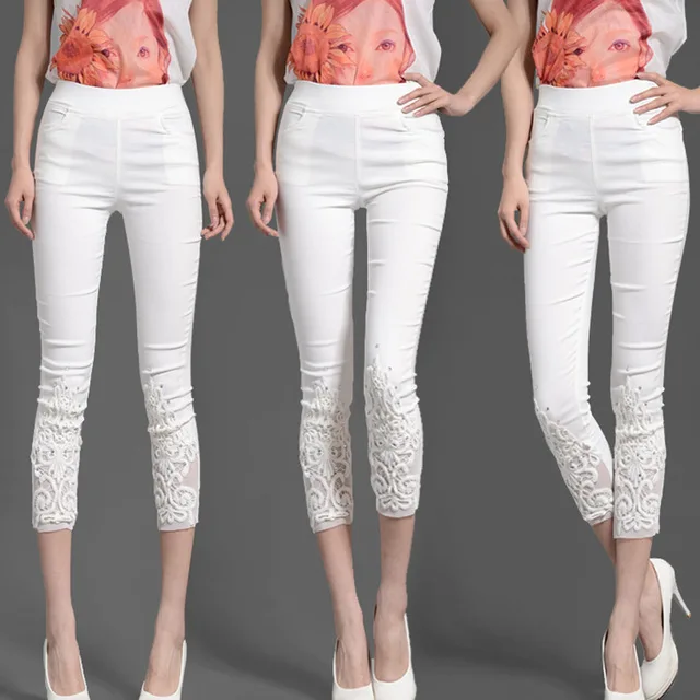 Clobee женские брюки Лето плюс размер 4XL pantalon femme обтягивающие эластичные узкие брюки кружевные алмазные брюки капри для женщин - Цвет: Белый