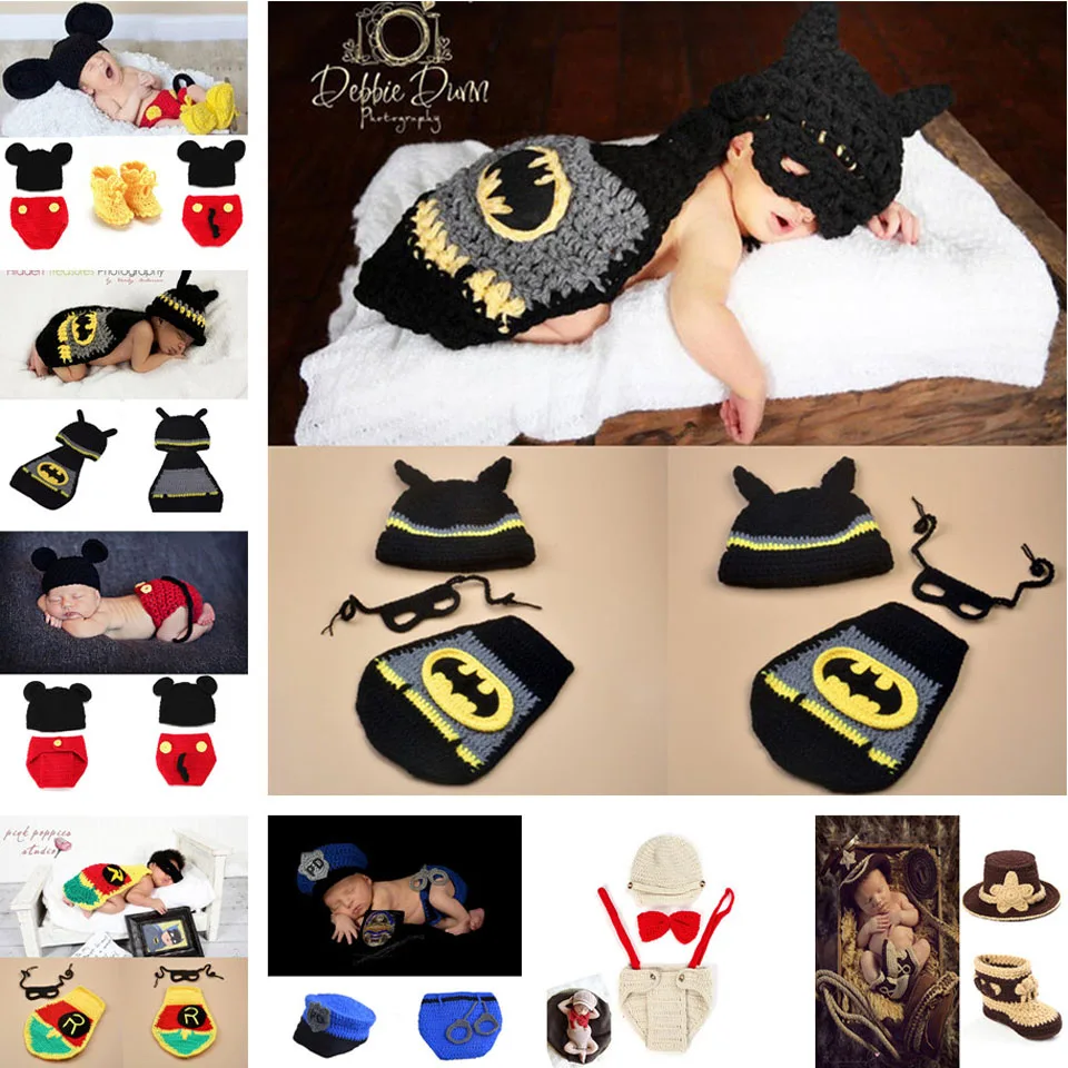 Лидер продаж Подставки для фотографий Новорожденные вязаный костюм крючком новорожденных Бэтмен для фотосессий, супер hero Hat cape установить