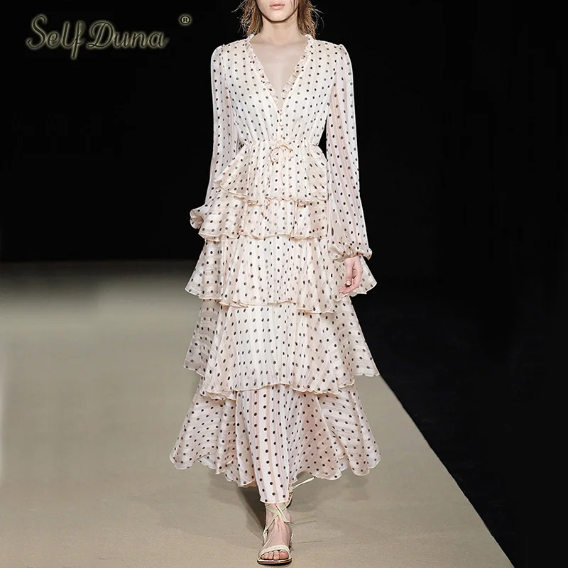 

Self Duna 2019 Summer Maxi Polka Dot Dress Ruffle Sexy Long Sleeve V Neck Elegant Long Party Dress Robe Femme Vestidos