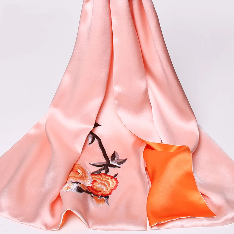 

Ручная вышивка шелковый шарф женский двухсторонний 100% Натуральный Шелк Шали Обертывания Длинные шарфы шейный платок женский платок 155X35cm