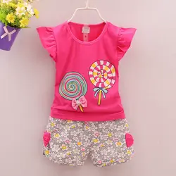 Новая одежда для младенцев, комплекты летней одежды для маленьких девочек, комплекты одежды из 2 предметов с леденцом, летний комплект для